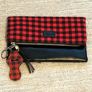 Funky Monkey Foldover Red & Black Buffalo Plaid Clutch Top Zip 10.5” x 7” NWOT